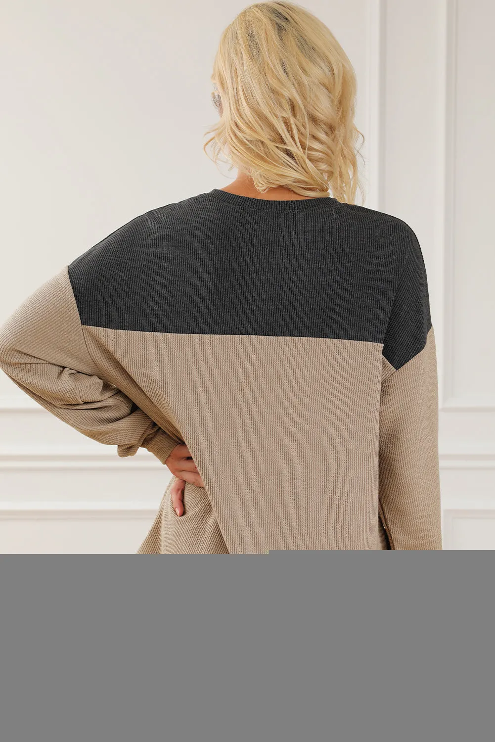 Carbon Grey Notched Neck Colorblock Corded Sweatshirt