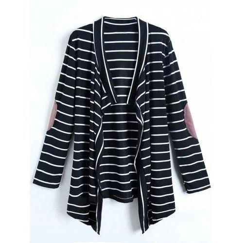 Casual Collarless Striped Long Sleeve Cardigan For Women - L