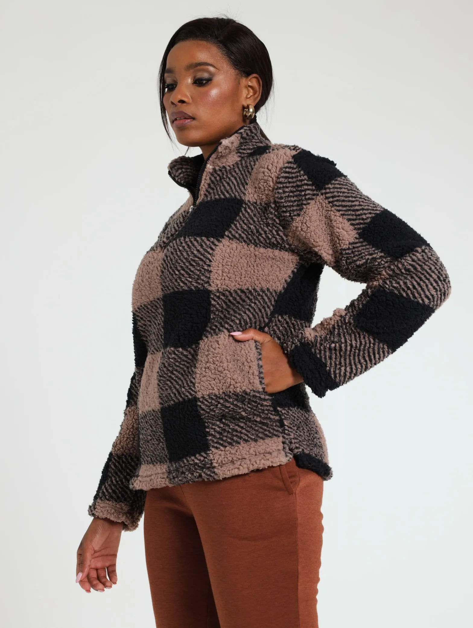 Check Sherpa Pullover - Pink