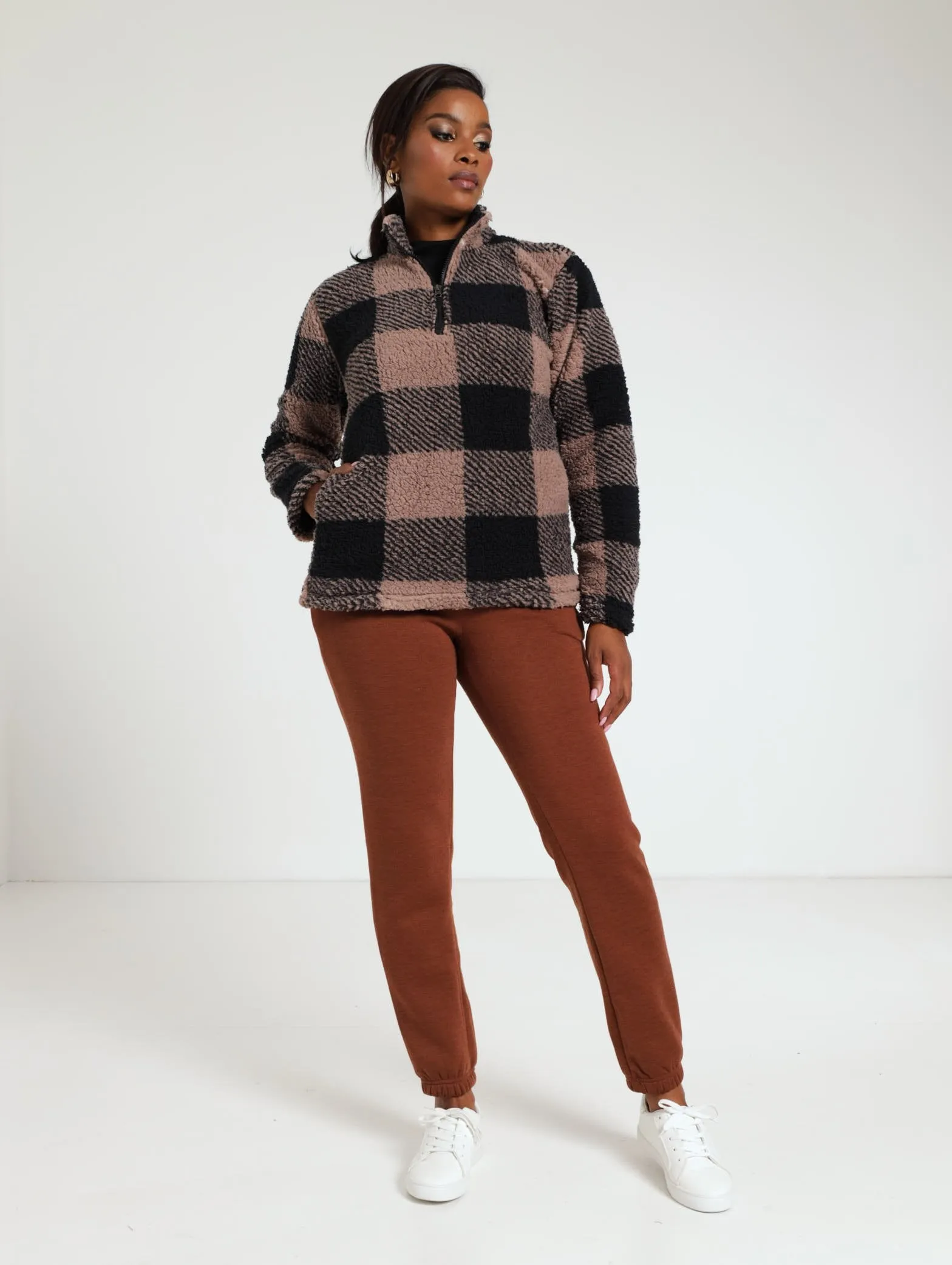 Check Sherpa Pullover - Pink