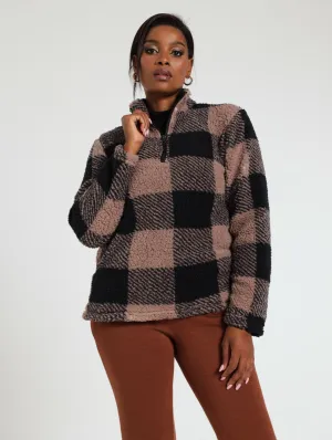 Check Sherpa Pullover - Pink