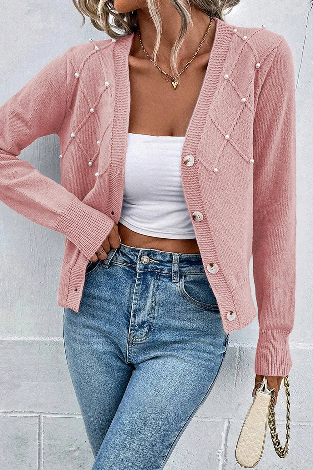 Chestnut Beaded Drop Shoulder Round Neck Sweater