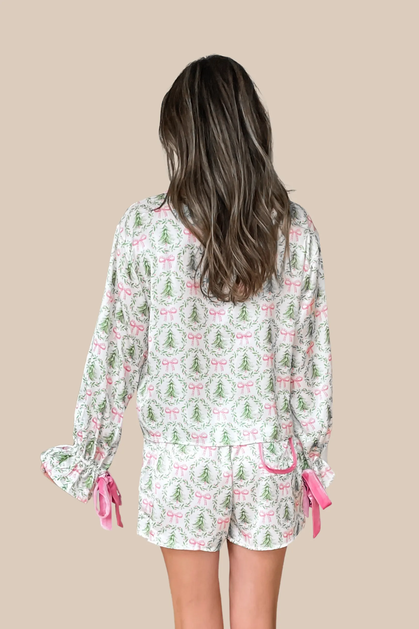 Christmas Tree Bow Satin Pajamas Set - Pink and Green