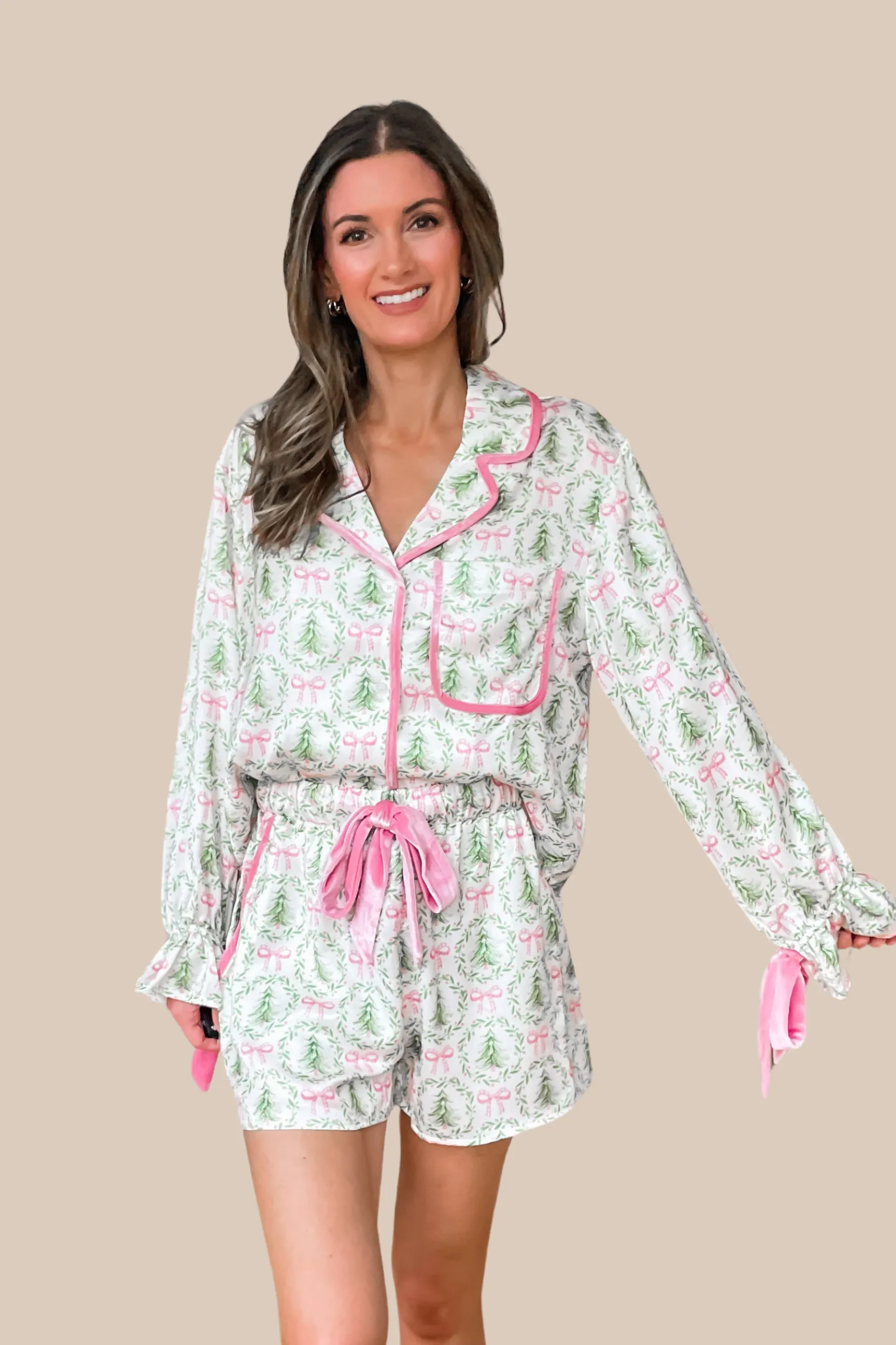 Christmas Tree Bow Satin Pajamas Set - Pink and Green