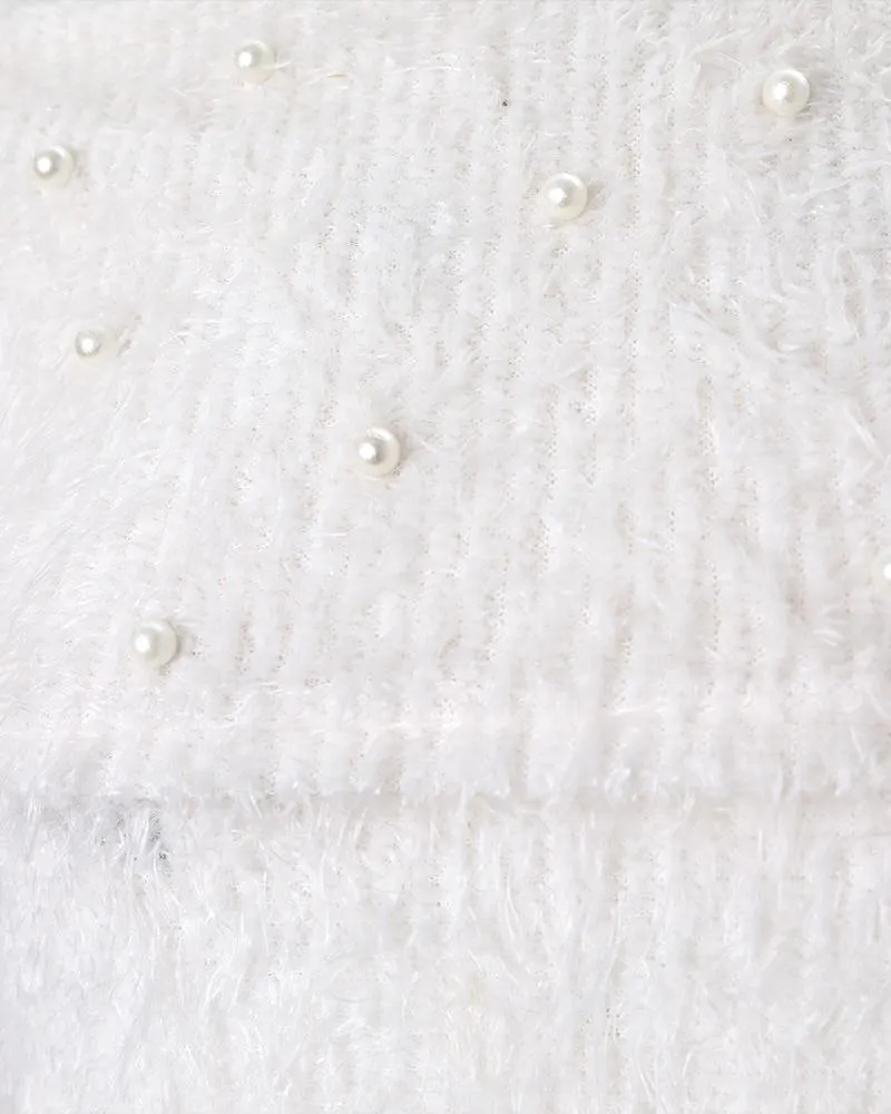 Cold Shoulder Beaded Fluffy Knit Sweater