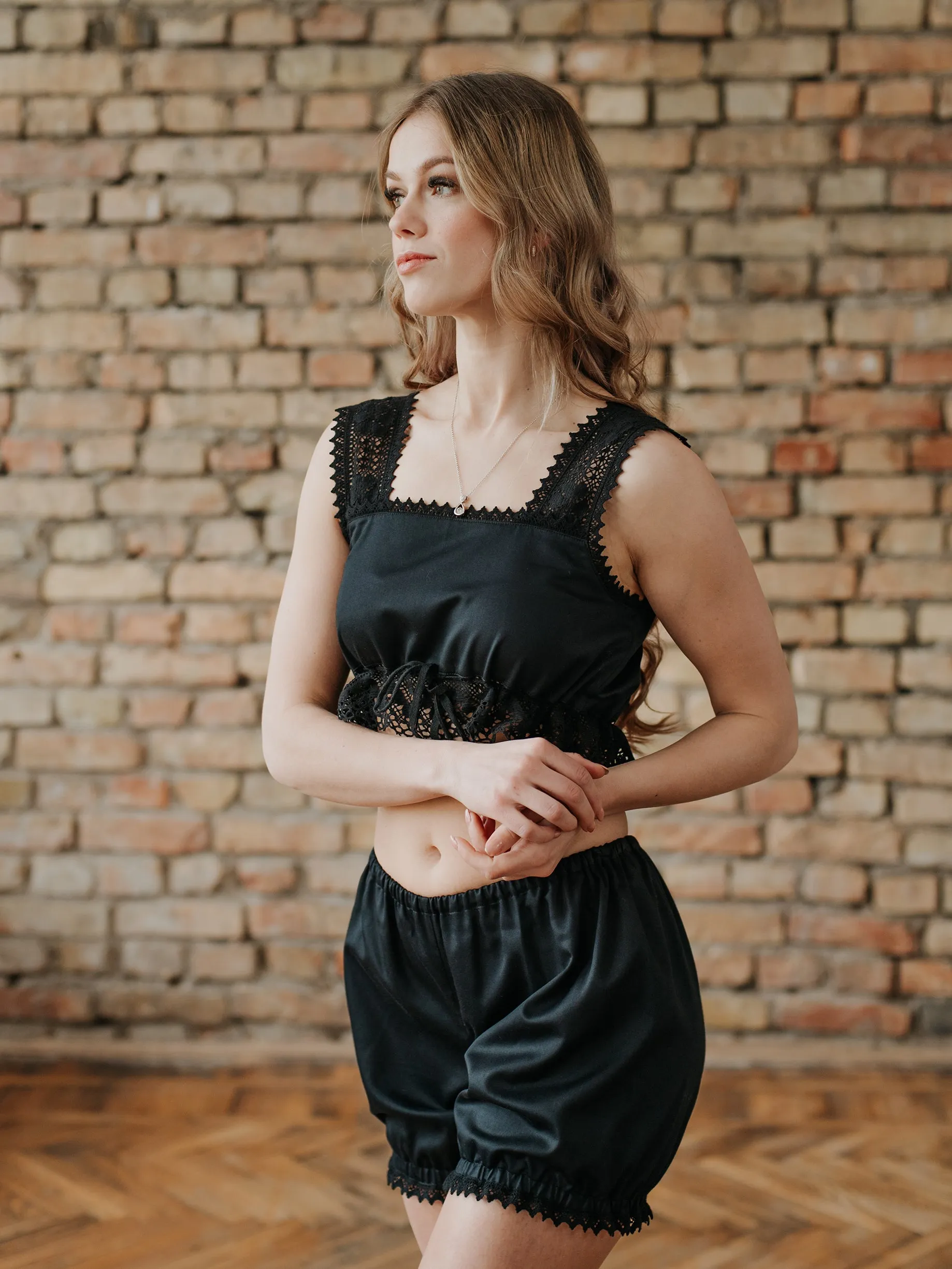Collette Du Bois Victorian Inspired Pajamas Set in Black Cotton