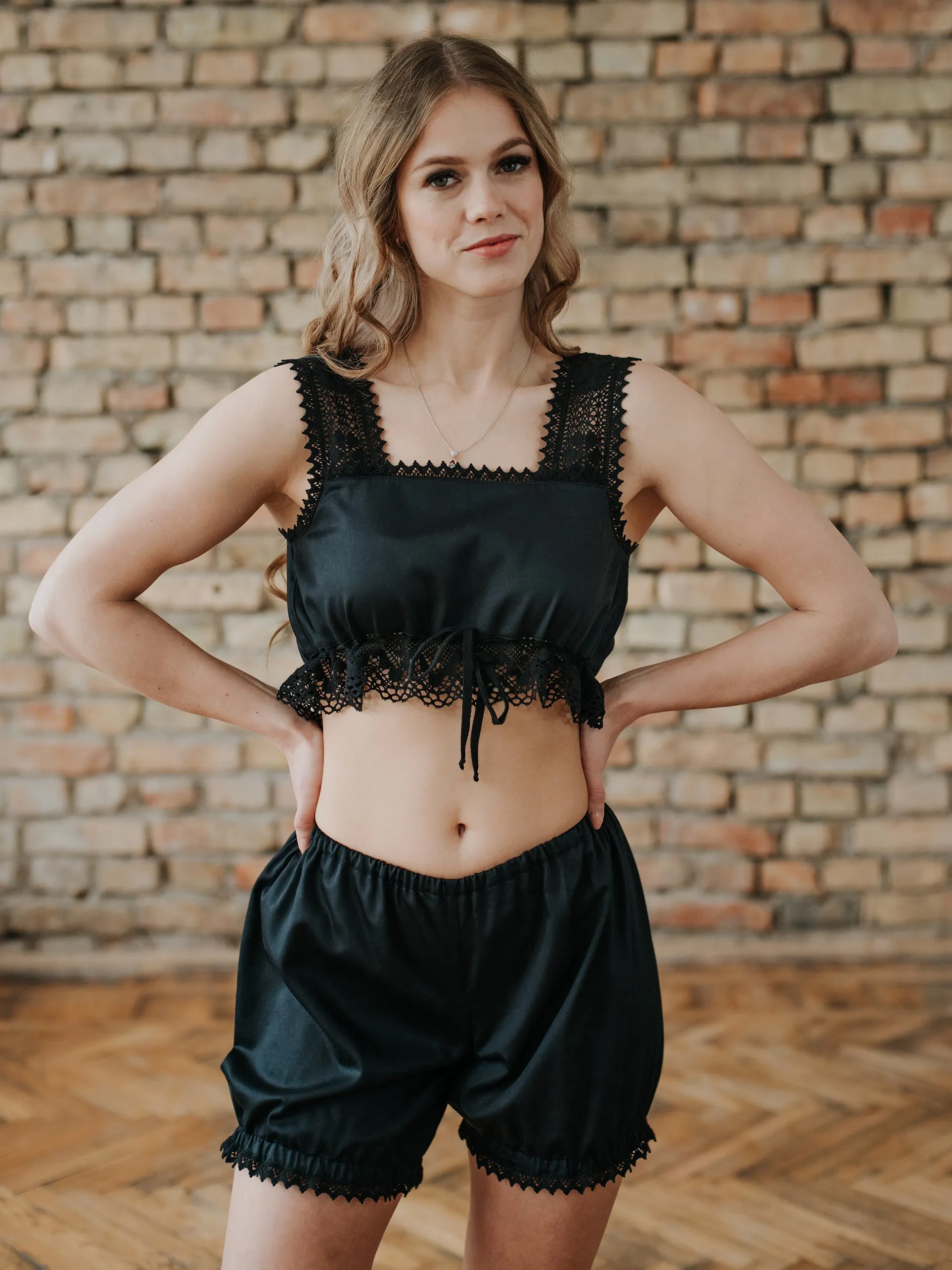 Collette Du Bois Victorian Inspired Pajamas Set in Black Cotton