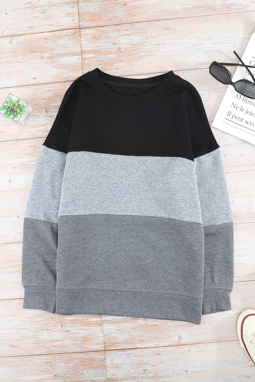 Colorblock Black Contrast Stitching Sweatshirt with Slits