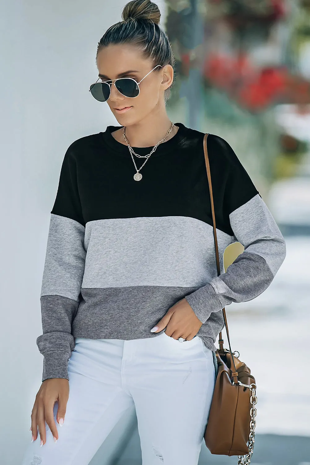 Colorblock Black Contrast Stitching Sweatshirt with Slits