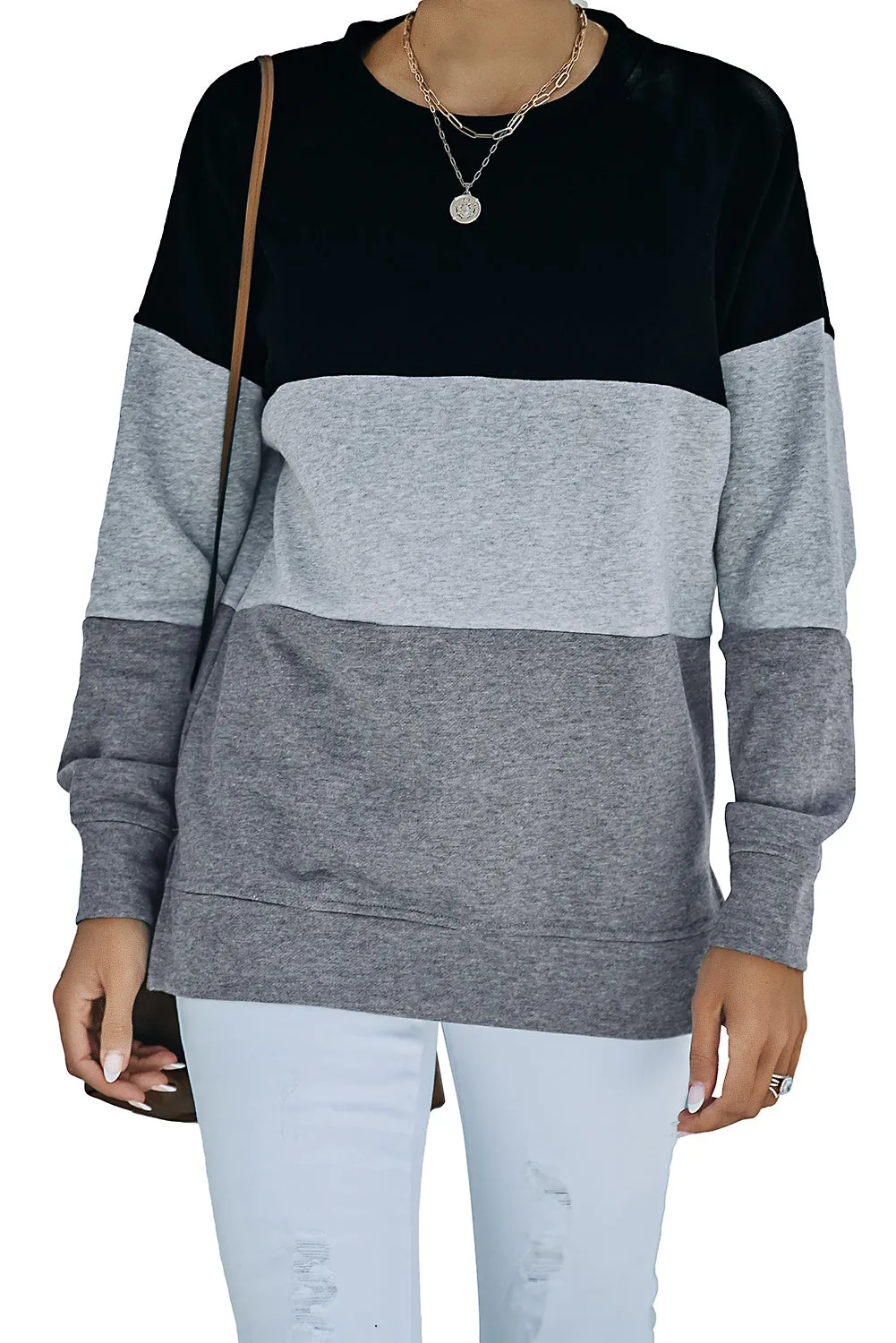 Colorblock Black Contrast Stitching Sweatshirt with Slits