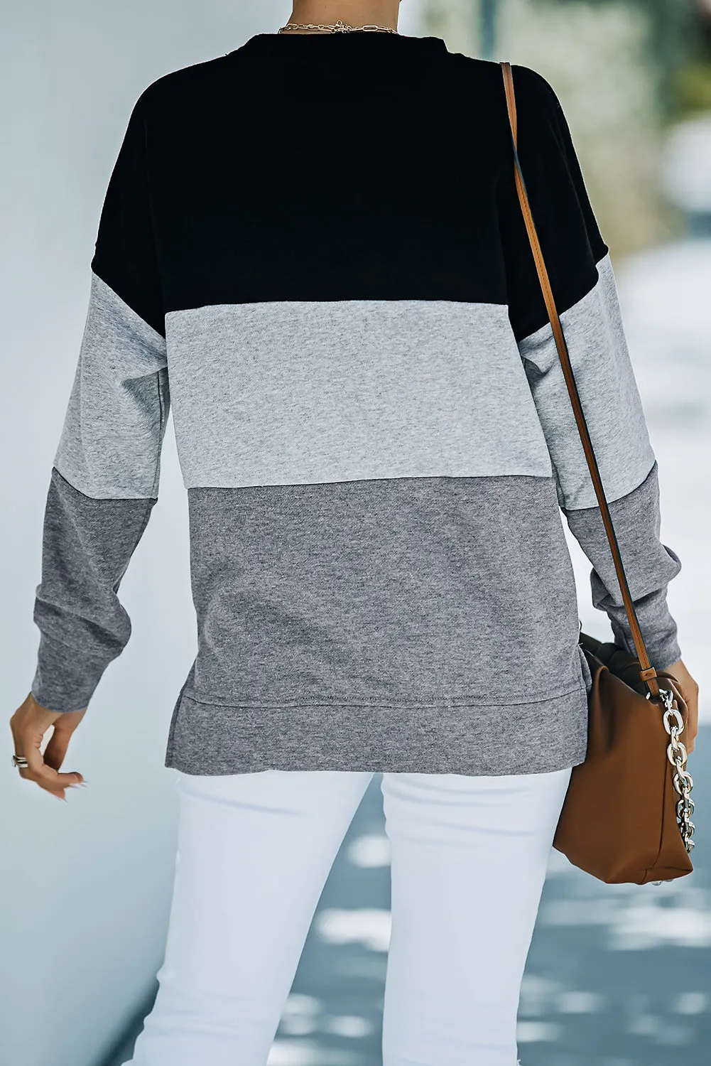 Colorblock Black Contrast Stitching Sweatshirt with Slits