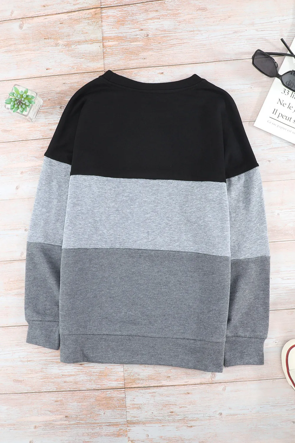Colorblock Black Contrast Stitching Sweatshirt with Slits