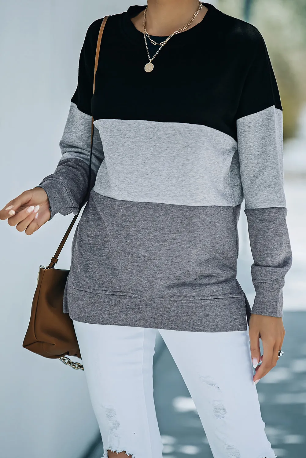 Colorblock Black Contrast Stitching Sweatshirt with Slits