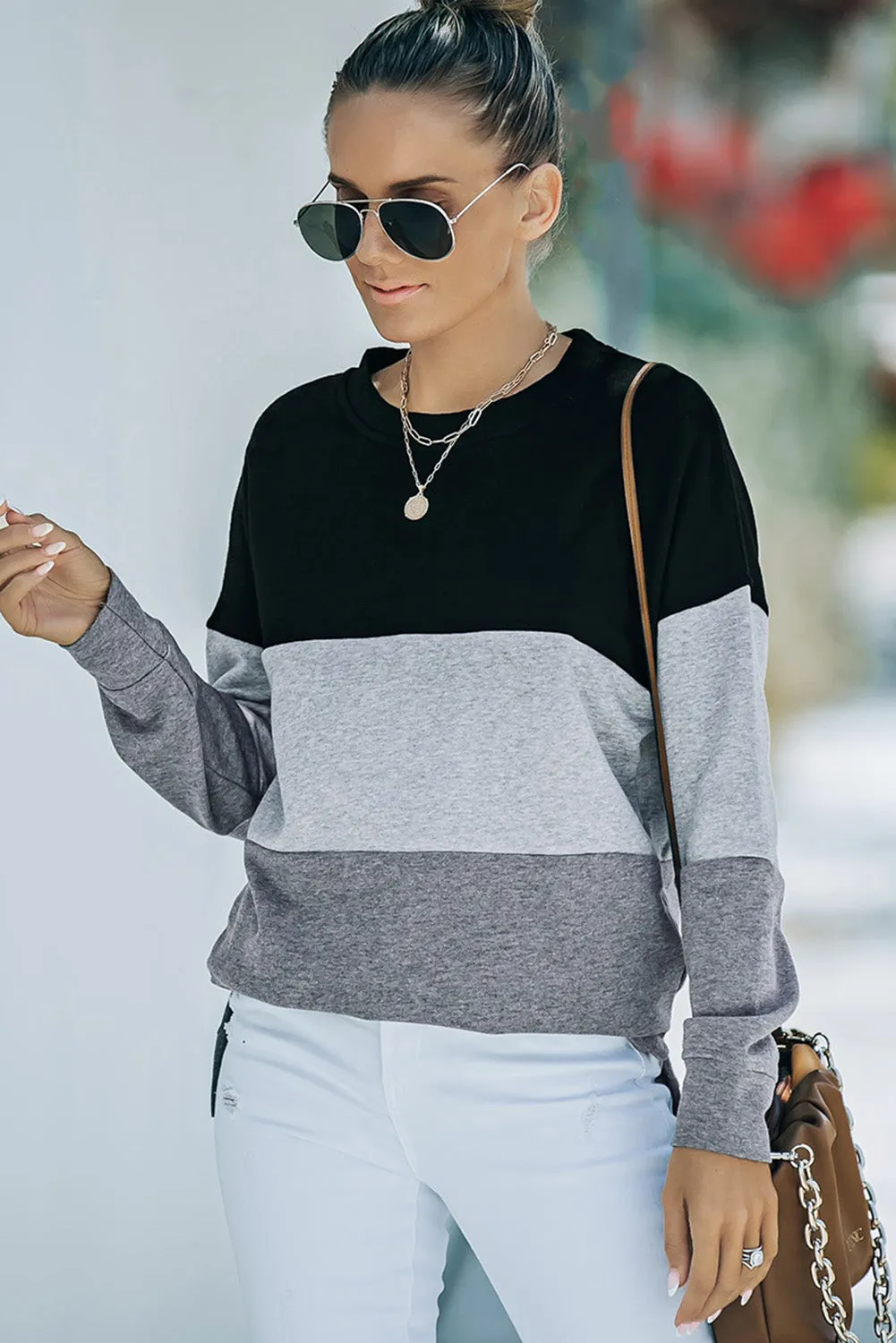 Colorblock Black Contrast Stitching Sweatshirt with Slits