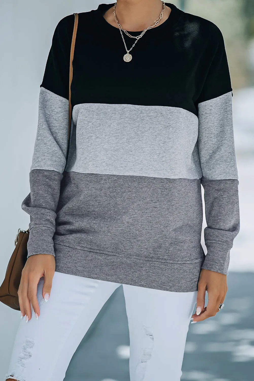 Colorblock Black Contrast Stitching Sweatshirt with Slits