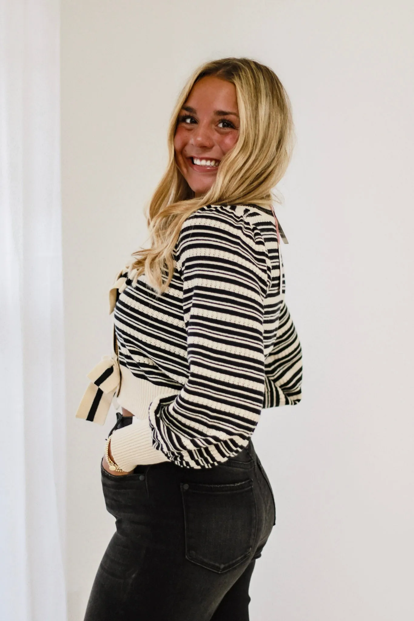 Cream of the Crop Bow Front Striped Sweater