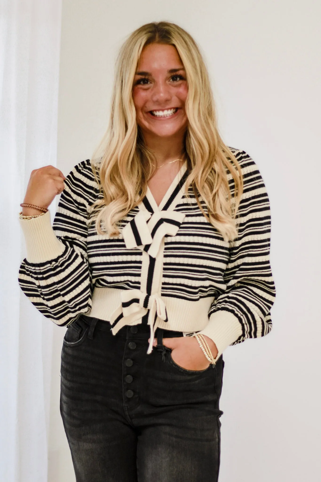 Cream of the Crop Bow Front Striped Sweater