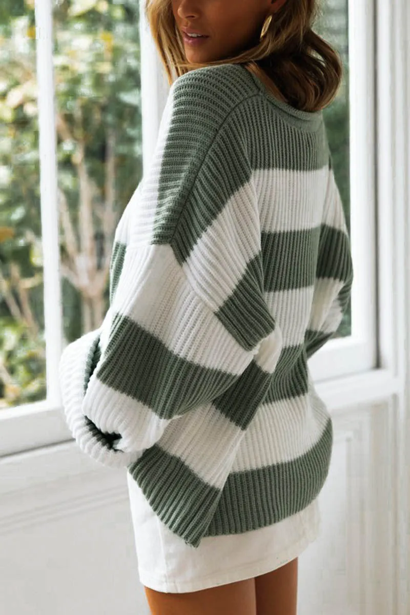 Crimped Round Neck Striped Colorblock Sweater
