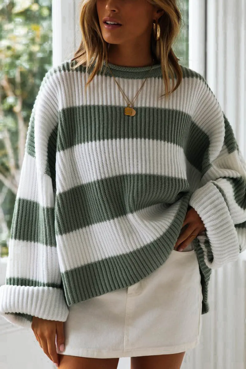 Crimped Round Neck Striped Colorblock Sweater