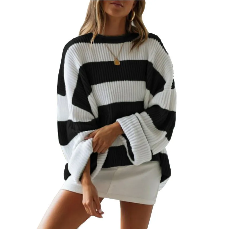 Crimped Round Neck Striped Colorblock Sweater