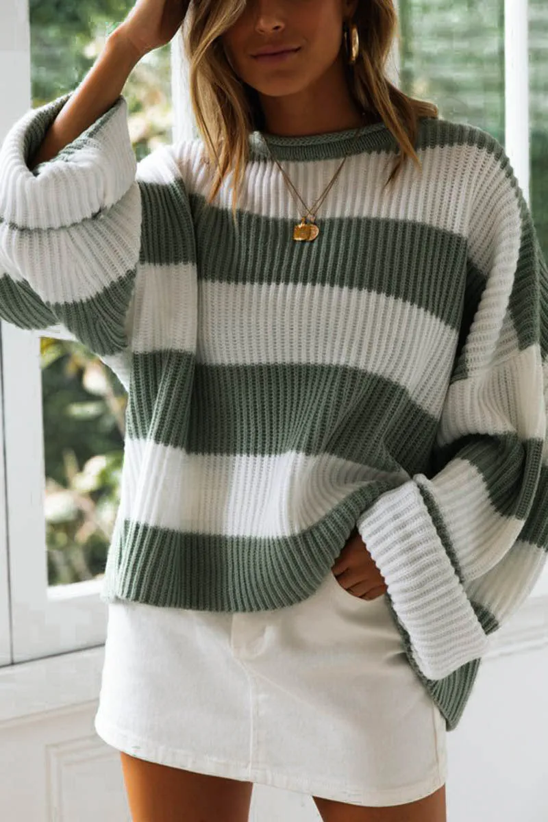 Crimped Round Neck Striped Colorblock Sweater