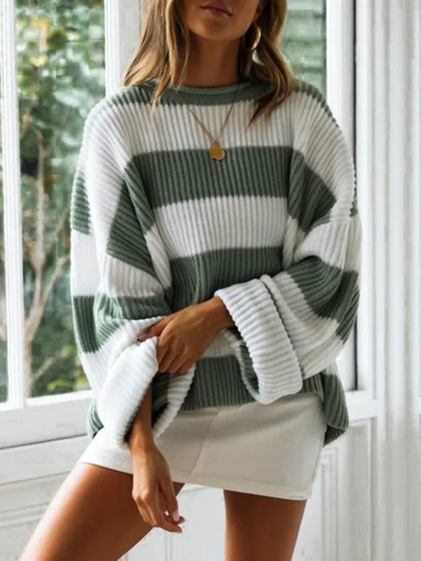 Crimped Round Neck Striped Colorblock Sweater