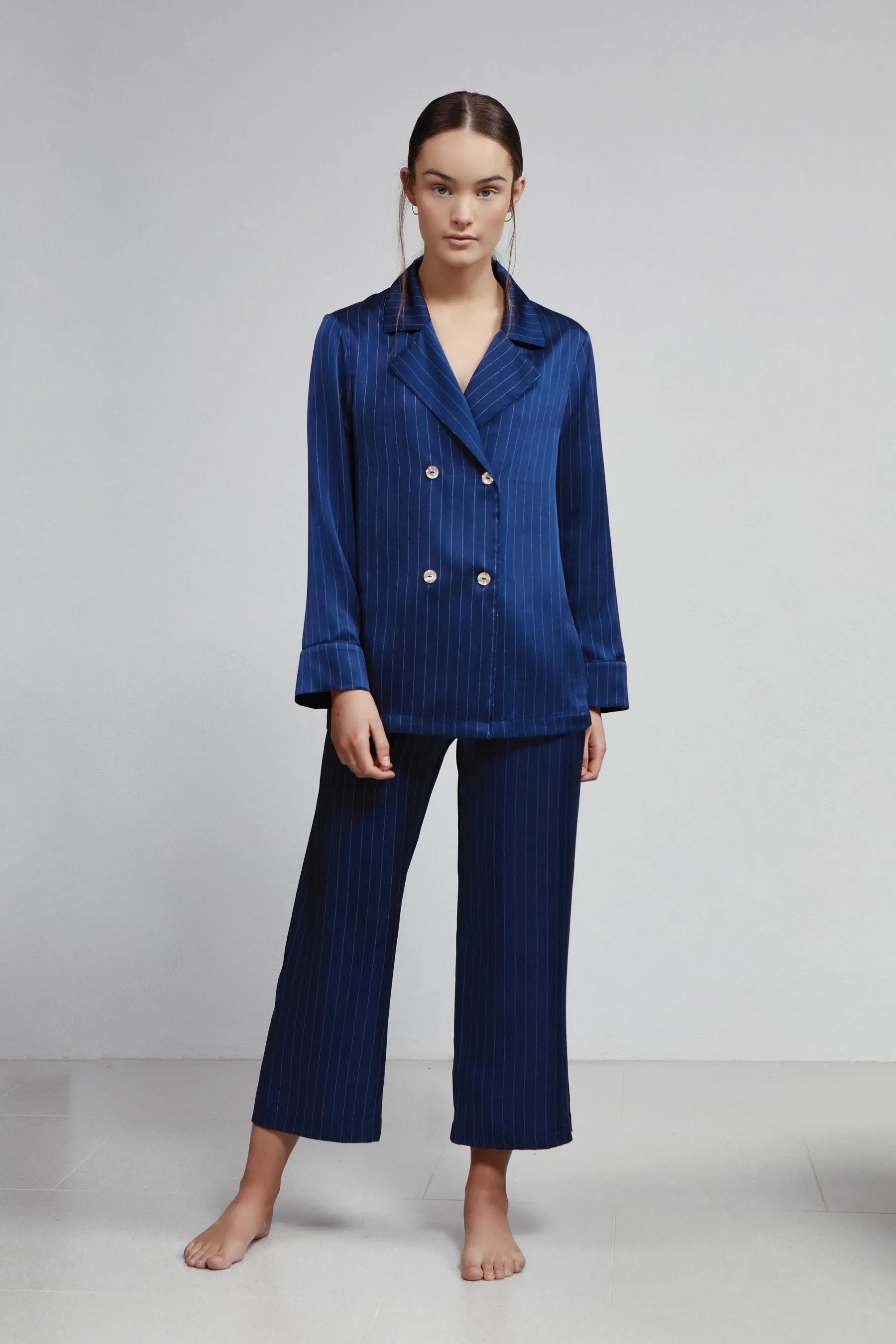 cropped pant, navy pinstripe