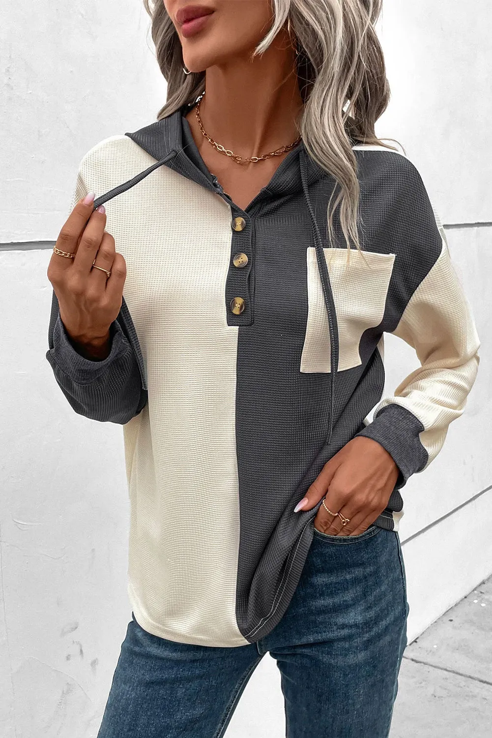 Dark Grey Waffle Colorblock Buttons Placket Drop Shoulder Drawstring Hoodie