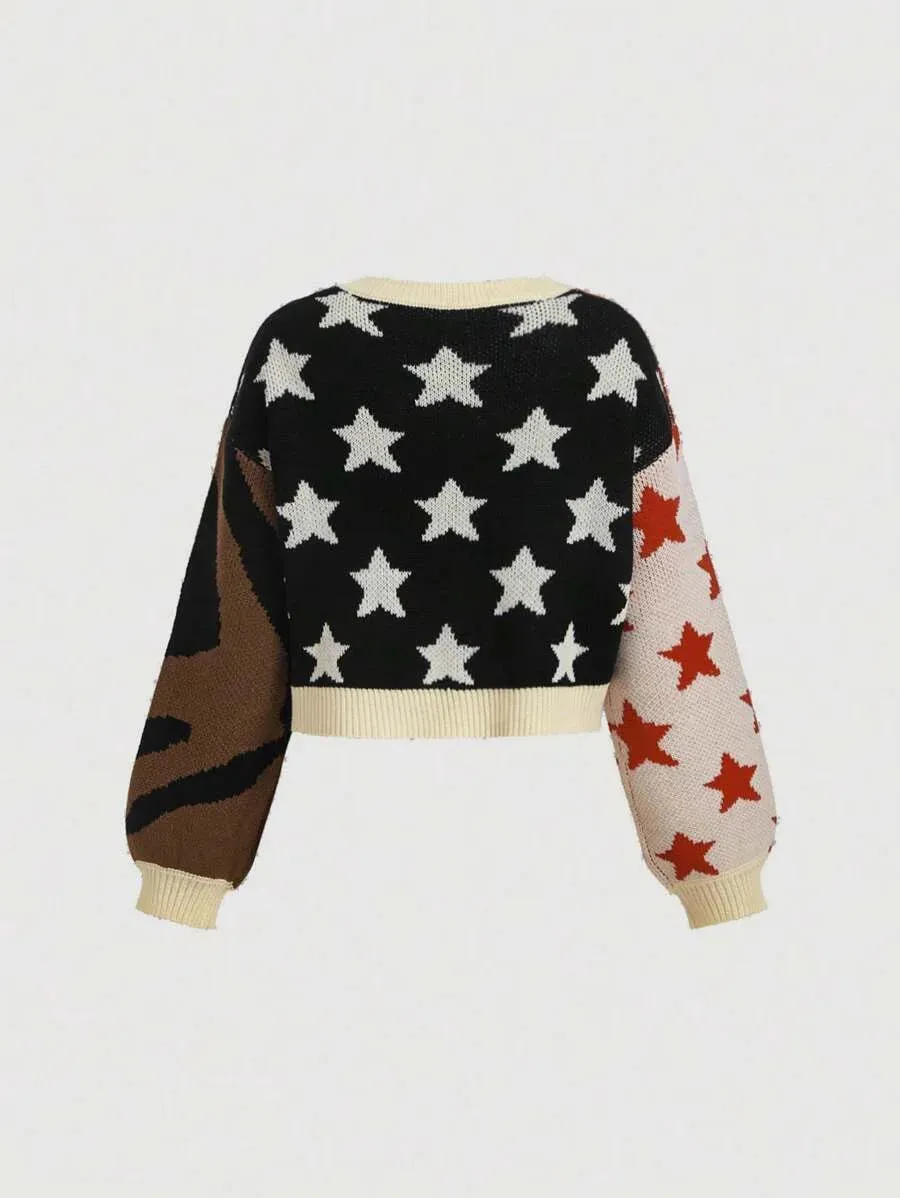 Delizia Star Patterned V-Neck Cardigan in Multicolor