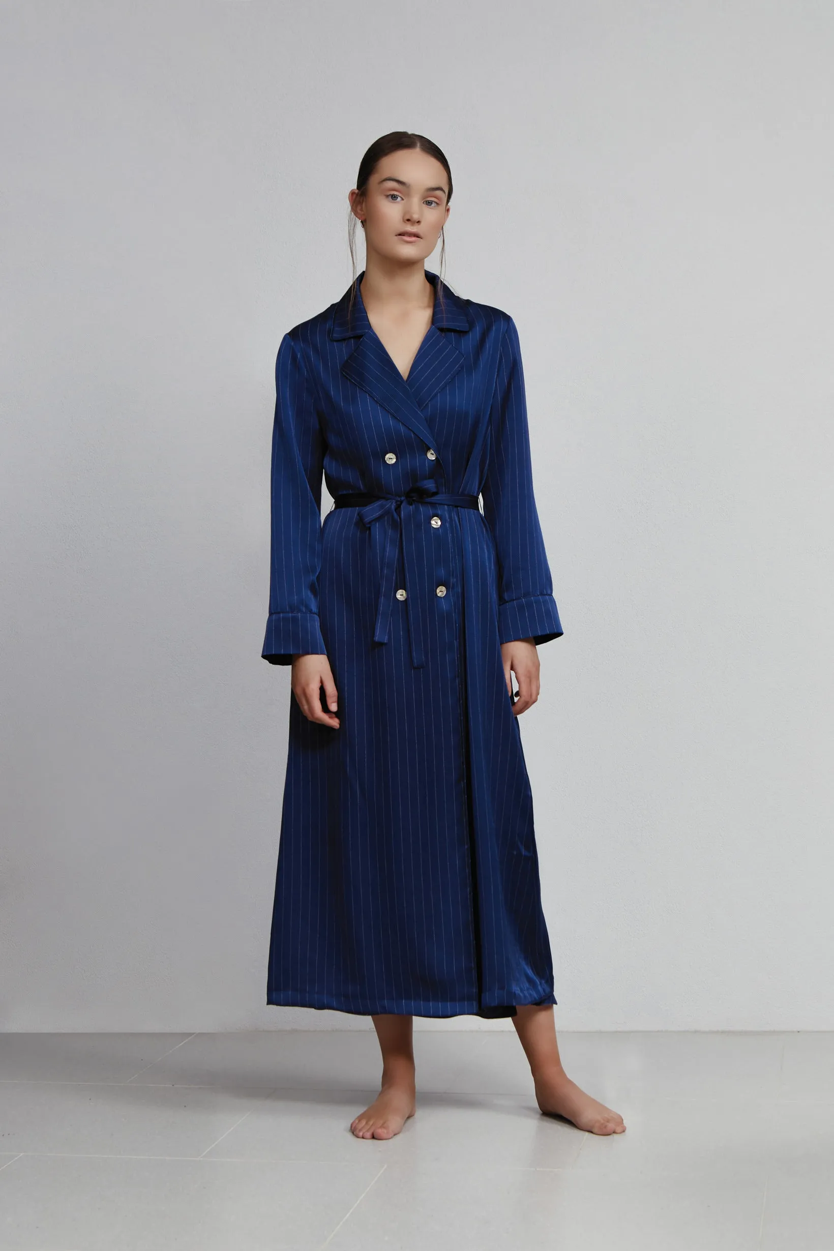 double breasted robe, navy pinstripe