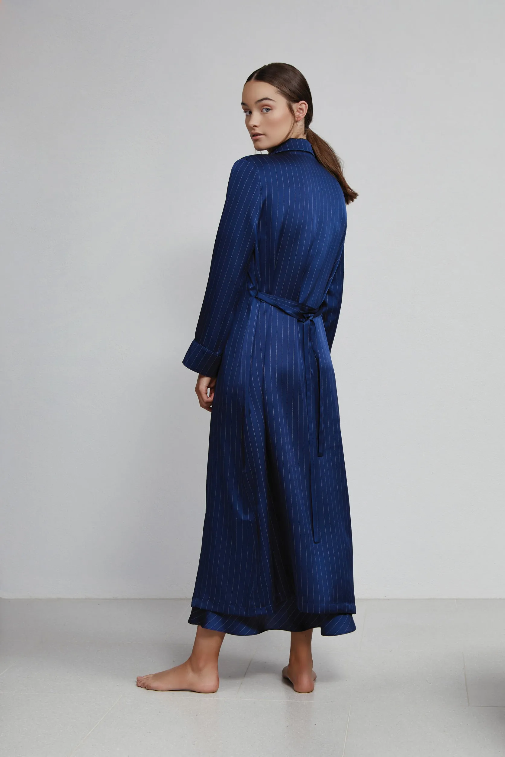 double breasted robe, navy pinstripe