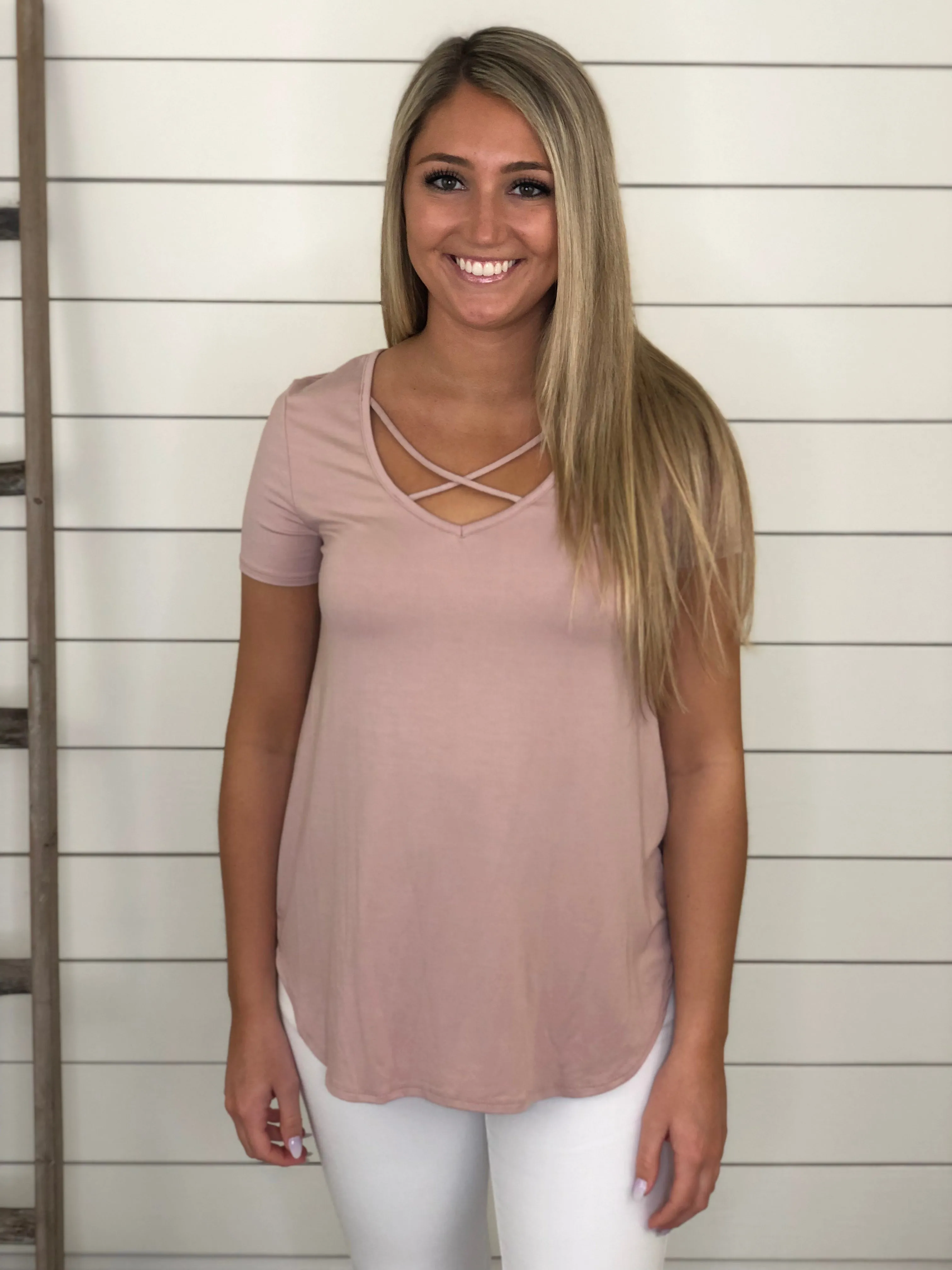 Dusty Pink Short Sleeve Crisscross Top