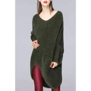 Elegant Solid Color V-Neck Long Sleeve Pullover Mohair Sweater For Women - Blackish Green One Size(fit Size Xs To M)