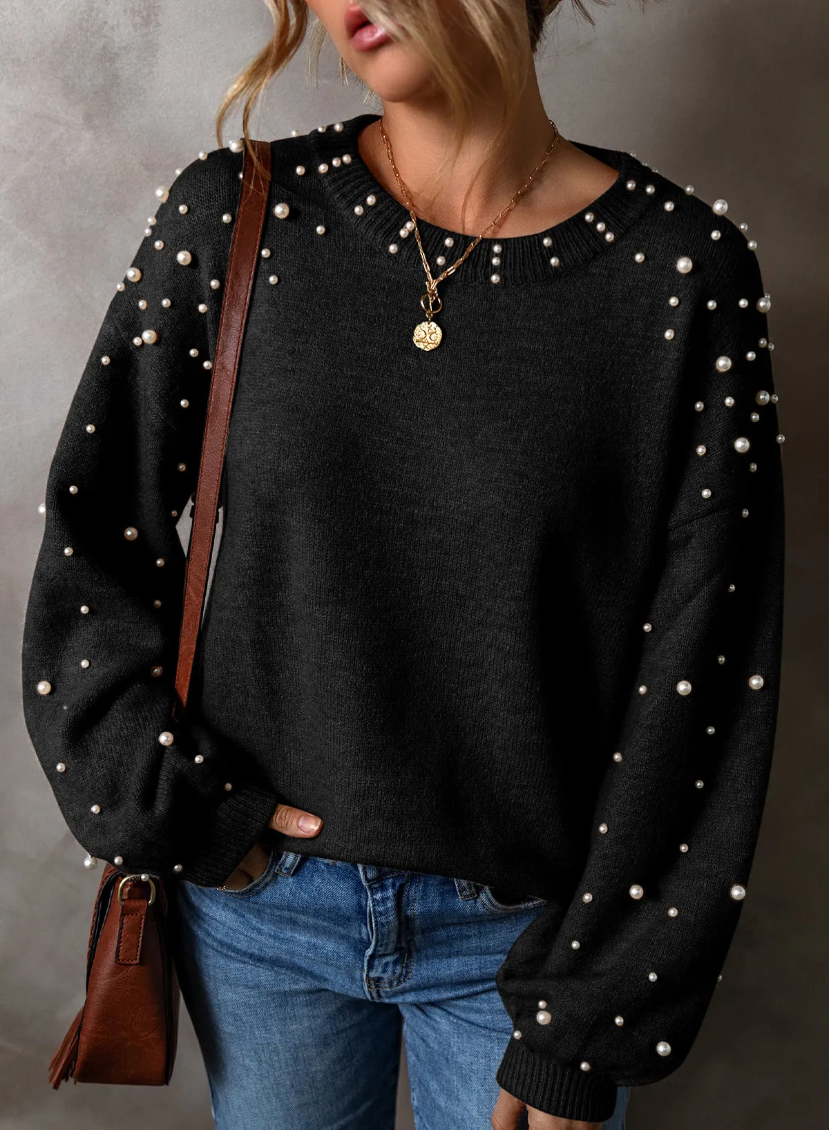 Evergreen Pearled Drop Shoulder Round Neck Sweater
