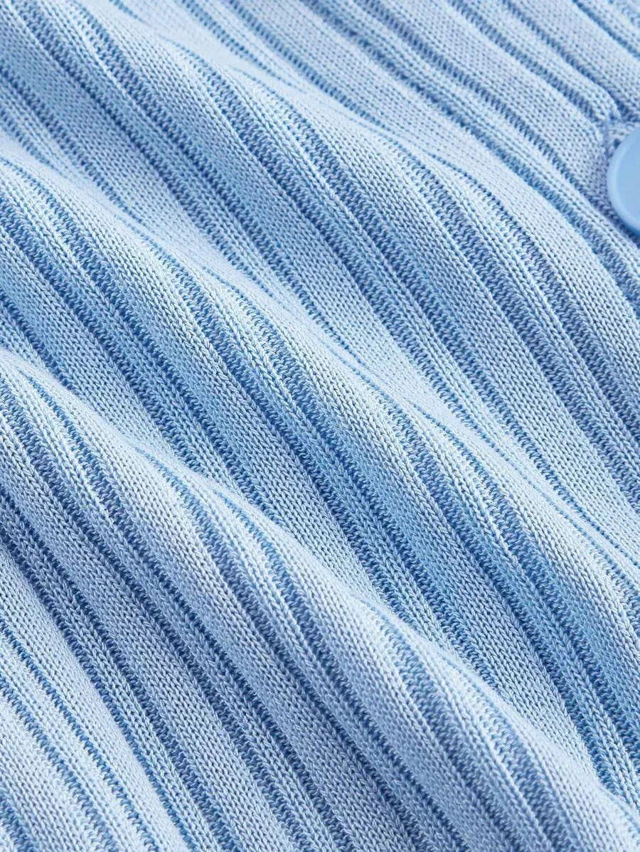 Fabiola Ribbed Knit Button-Up Cardigan Sweater in Blue
