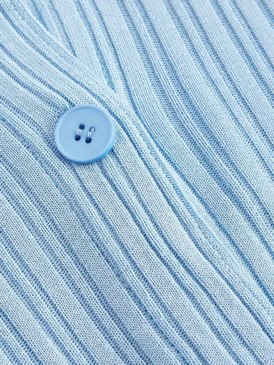 Fabiola Ribbed Knit Button-Up Cardigan Sweater in Blue