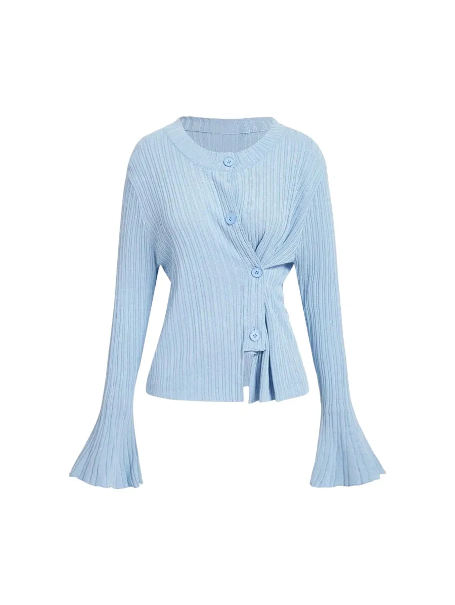 Fabiola Ribbed Knit Button-Up Cardigan Sweater in Blue