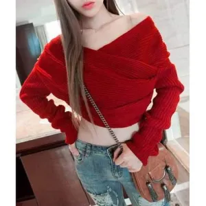 Fashionable Boat Neck Long Sleeve Solid Color Sweater For Women - Red One Size(fit Size Xs To M)