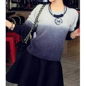 Fashionable Jewel Neck Ombre Design Knitted Long Sleeve Women's Sweater - Gray One Size(fit Size Xs To M)