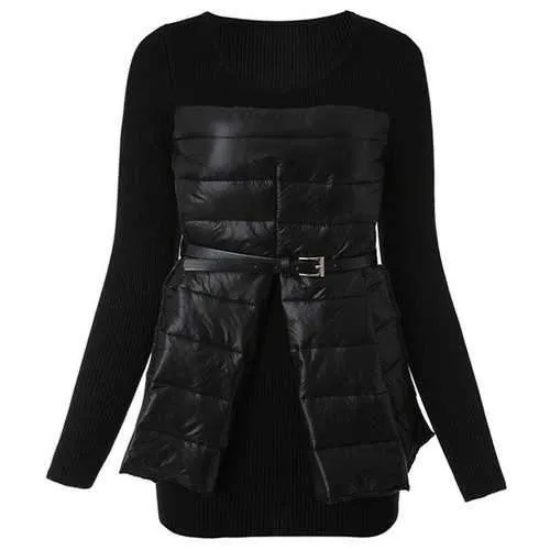 Fashionable Round Collar Down Spliced Long Sleeve Women's Knitwear - Black One Size(fit Size Xs To M)