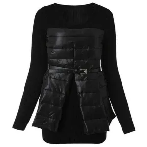 Fashionable Round Collar Down Spliced Long Sleeve Women's Knitwear - Black One Size(fit Size Xs To M)