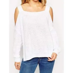 Fashionable Square Neck Long Sleeve Hollow Out Slit Knitwear For Women - White One Size(fit Size Xs To M)