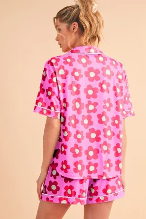 Floral Button-Front Pajama Set – V-Neck Short Sleeve Top & Drawstring Shorts