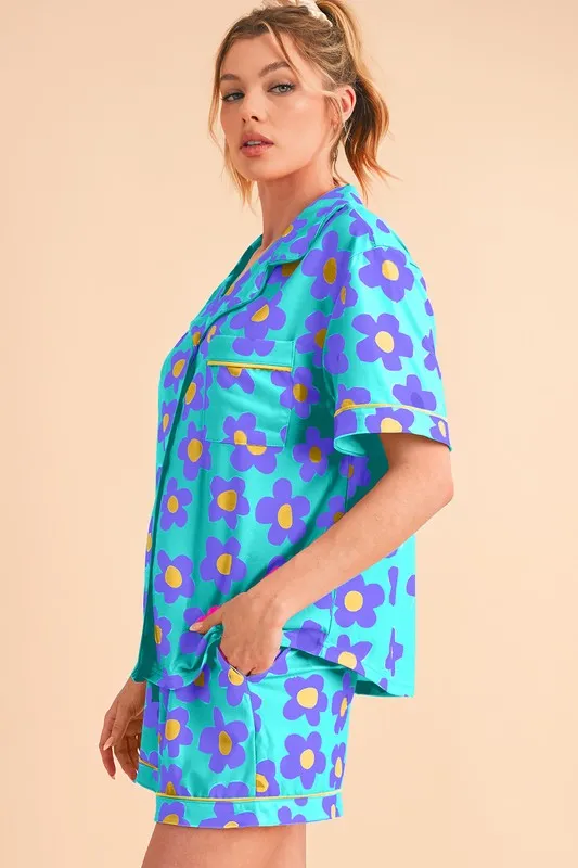 Floral Button-Front Pajama Set – V-Neck Short Sleeve Top & Drawstring Shorts