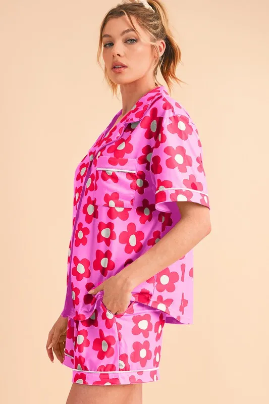 Floral Button-Front Pajama Set – V-Neck Short Sleeve Top & Drawstring Shorts
