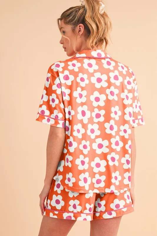 Floral Button-Front Pajama Set – V-Neck Short Sleeve Top & Drawstring Shorts
