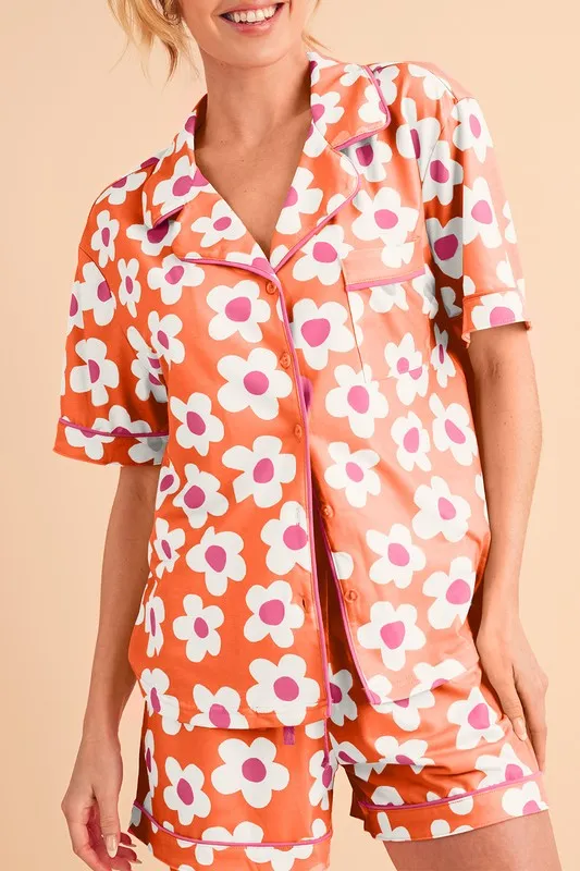 Floral Button-Front Pajama Set – V-Neck Short Sleeve Top & Drawstring Shorts