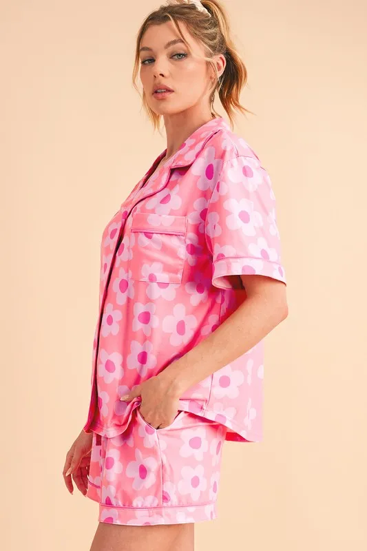 Floral Button-Front Pajama Set – V-Neck Short Sleeve Top & Drawstring Shorts