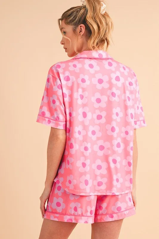 Floral Button-Front Pajama Set – V-Neck Short Sleeve Top & Drawstring Shorts
