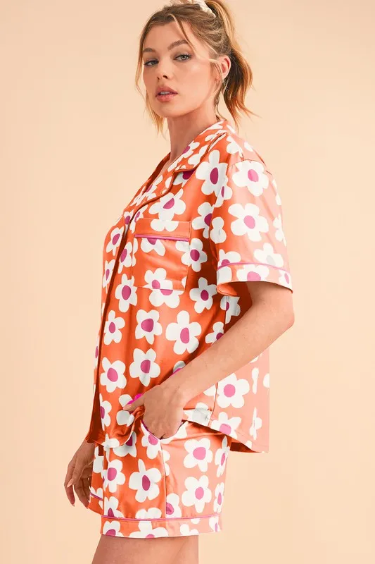 Floral Button-Front Pajama Set – V-Neck Short Sleeve Top & Drawstring Shorts